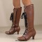 Round Toe Knee High Vintage Side Zipper Kitten Heels Lace Up Boots - Brown Faux Leather