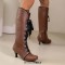 Round Toe Knee High Vintage Side Zipper Kitten Heels Lace Up Boots - Brown Faux Leather