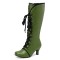 Round Toe Knee High Vintage Side Zipper Kitten Heels Lace Up Boots - Green Faux Leather