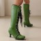 Round Toe Knee High Vintage Side Zipper Kitten Heels Lace Up Boots - Green Faux Leather