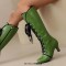 Round Toe Knee High Vintage Side Zipper Kitten Heels Lace Up Boots - Green Faux Leather