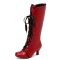 Round Toe Knee High Vintage Side Zipper Kitten Heels Lace Up Boots - Red Faux Leather