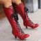 Round Toe Knee High Vintage Side Zipper Kitten Heels Lace Up Boots - Red Faux Leather