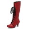 Round Toe Knee High Vintage Side Zipper Kitten Heels Lace Up Boots - Wine Red Faux Leather
