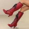 Round Toe Knee High Vintage Side Zipper Kitten Heels Lace Up Boots - Wine Red Faux Leather