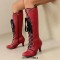 Round Toe Knee High Vintage Side Zipper Kitten Heels Lace Up Boots - Wine Red Faux Leather