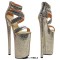 Peep Toe Stiletto Heels Snake Print Zip Decorated Ankle Cross Straps Platforms Sandals  - Gold Faux Leather