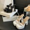 Square Open Toe Double Straps Platforms Chunky Heels Slippers Sandals - White Faux Leather
