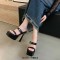 Square Open Toe Double Straps Platforms Chunky Heels Slippers Sandals - Black Faux Leather