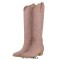 Pointed Toe Chunky Heels Western Style Knee Highs Pull On Cowgirl Boots - Pink Flock