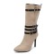 Pointed Toe Stiletto Heels Knee High Four Row Belt Buckles Booties - Beige Flock