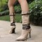 Pointed Toe Stiletto Heels Knee High Four Row Belt Buckles Booties - Beige Flock