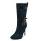 Pointed Toe Stiletto Heels Knee High Four Row Belt Buckles Booties - Dark Green Flock