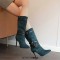 Pointed Toe Stiletto Heels Knee High Four Row Belt Buckles Booties - Dark Green Flock