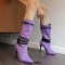 Pointed Toe Stiletto Heels Knee High Four Row Belt Buckles Booties - Lavender Flock