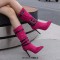 Pointed Toe Stiletto Heels Knee High Four Row Belt Buckles Booties - Rose Red Flock