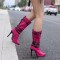 Pointed Toe Stiletto Heels Knee High Four Row Belt Buckles Booties - Rose Red Flock