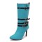 Pointed Toe Stiletto Heels Knee High Four Row Belt Buckles Booties - SkyBlue Flock