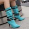 Pointed Toe Stiletto Heels Knee High Four Row Belt Buckles Booties - SkyBlue Flock