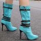 Pointed Toe Stiletto Heels Knee High Four Row Belt Buckles Booties - SkyBlue Flock