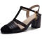 Round Toe Chunky Heels Ankle Buckle T Straps Vintage Sandals - Black Faux Leather