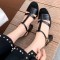 Round Toe Chunky Heels Ankle Buckle T Straps Vintage Sandals - Black Faux Leather