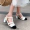 Round Toe Chunky Heels Ankle Buckle T Straps Vintage Sandals - White Faux Leather