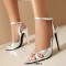 Pointed Open Toe Stiletto Heels Ankle Buckle Straps Sandals - Silver Faux Leather