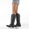 Pointed Toe Chunky Heels Western Style Knee Highs Side Zipper Cowgirl Boots - Black Faux Leather