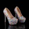 Round Toe Platforms Rhinestones Stiletto Heels  Pumps - Multicolor Faux Leather
