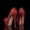 Round Toe Platforms Rhinestones Stiletto Heels  Pumps - Red Faux Leather