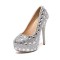 Round Toe Platforms Rhinestones Stiletto Heels  Pumps - Silver Faux Leather