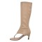 Thong Round Toe Mid-Calf Kitten Heels Bootie Flip-flops Sandals - Beige Faux Leather