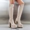 Square Toe Chunky Heels Crocodile Pattern Platforms Knee Highs Boots - Beige Patent