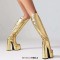 Square Toe Chunky Heels Crocodile Pattern Platforms Knee Highs Boots - Gold Patent