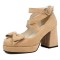 Round Toe Chunky Heels Ankle Buckle Cross Straps Bowknot Low Platforms Pumps - Apricot Flock