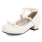 Round Toe Chunky Heels Bowknot Mary Janes Ankle Buckle Straps Pumps - White Faux Leather