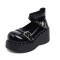 Round Toe Ankle Buckle Cross Straps Wedges Platforms Rivets Gothic Creepers Loafers  - Black Patent