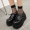 Round Toe Lace Up Wedges Platforms Rivets Gothic Creepers Loafers  - Black Patent