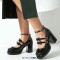Round Toe Chunky Heels Double Mary Janes Straps Bowknot  Low Platforms Pumps - Black Patent