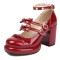 Round Toe Chunky Heels Double Mary Janes Straps Bowknot  Low Platforms Pumps - Red Patent