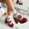 Round Toe Chunky Heels Double Mary Janes Straps Bowknot  Low Platforms Pumps - Red Patent
