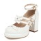 Round Toe Chunky Heels Double Mary Janes Straps Bowknot  Low Platforms Pumps - White Patent