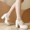 Round Toe Chunky Heels Double Mary Janes Straps Bowknot  Low Platforms Pumps - White Patent