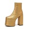 Round Toe Trible Platform Chunky Heels Ankle Highs Side Zipper Metallic Boots - Gold Faux Leather
