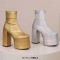Round Toe Trible Platform Chunky Heels Ankle Highs Side Zipper Metallic Boots - Gold Faux Leather