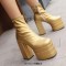 Round Toe Trible Platform Chunky Heels Ankle Highs Side Zipper Metallic Boots - Gold Faux Leather
