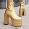 Round Toe Trible Platform Chunky Heels Ankle Highs Side Zipper Metallic Boots - Gold Faux Leather