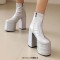 Round Toe Trible Platform Chunky Heels Ankle Highs Side Zipper Metallic Boots - White Faux Leather
