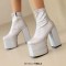 Round Toe Trible Platform Chunky Heels Ankle Highs Side Zipper Metallic Boots - White Faux Leather